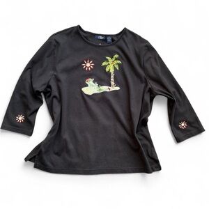 Grannycore Black 3/4 Sleeve Holiday Top with Palm Tree and Alligator
